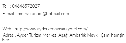 Ayder Kervansaray Otel telefon numaralar, faks, e-mail, posta adresi ve iletiim bilgileri